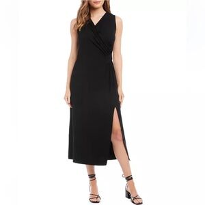 NWT Karen Kane Black Faux Wrap Midi Dress XS Sleeveless Side Slit Cocktail